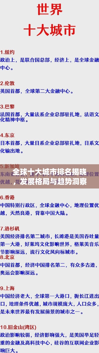 全球十大城市排名揭晓，发展格局与趋势洞察