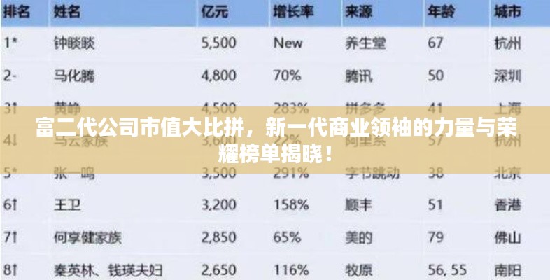 富二代公司市值大比拼，新一代商业领袖的力量与荣耀榜单揭晓！